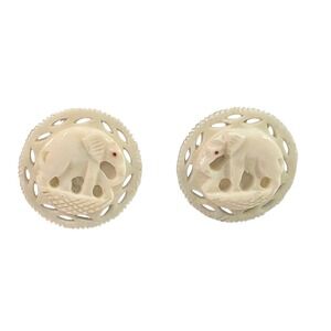 Vintage Art Deco Carved Celluloid Elephant Clip On Earrings Cream